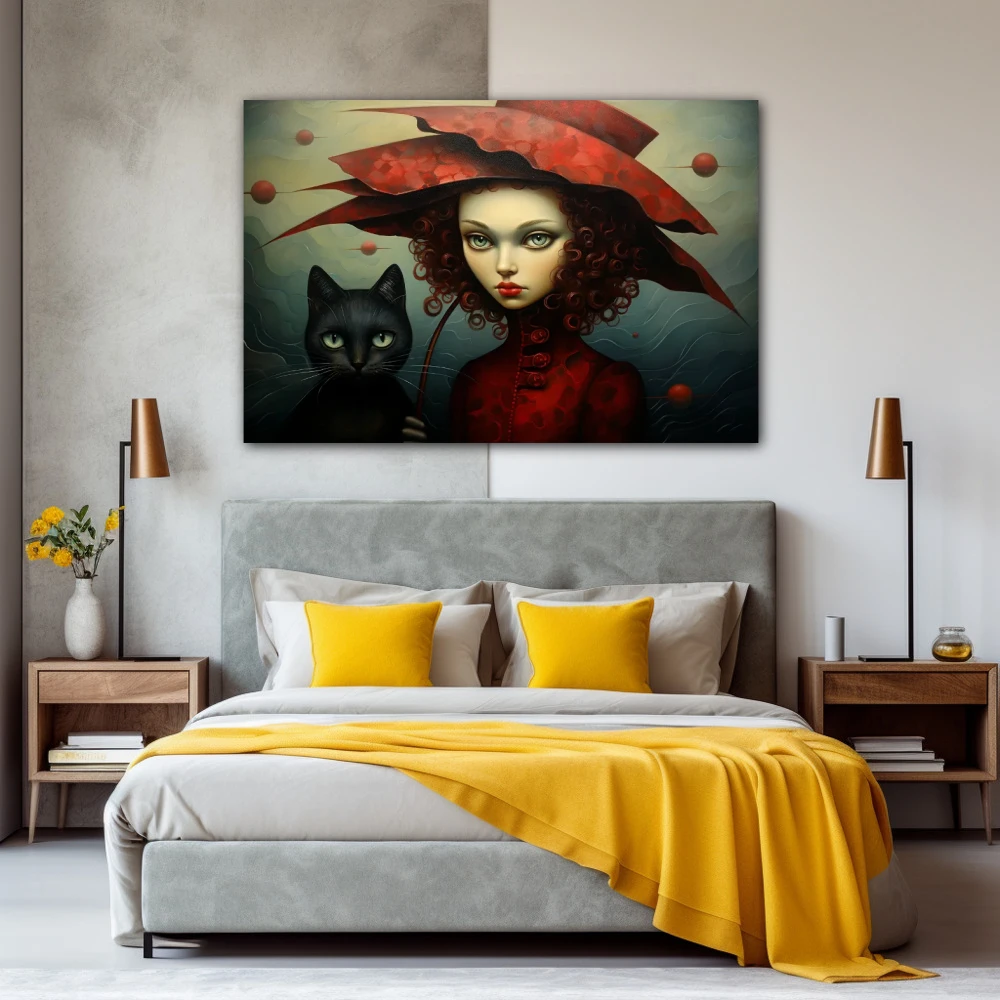Wall Art titled: The Lady of the Cats in a Horizontal format with: Black, Red, and Green Colors; Decoration the Bedroom wall