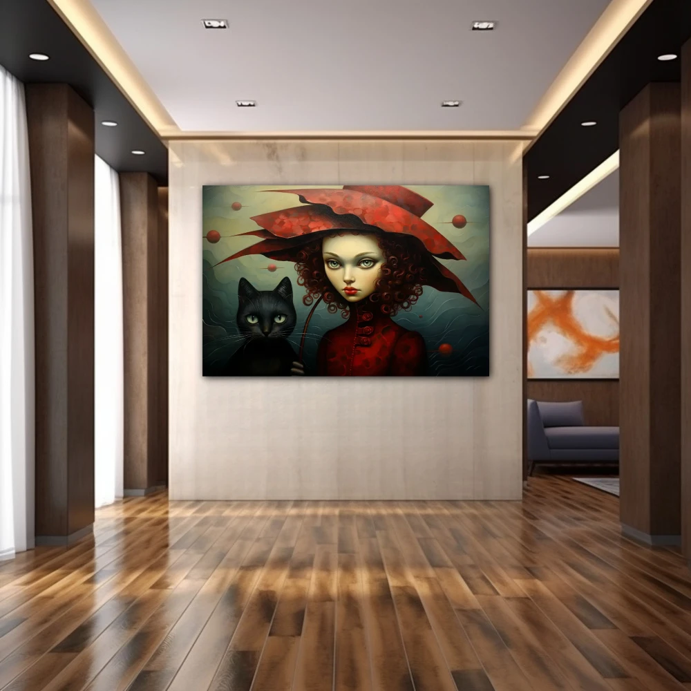 Wall Art titled: The Lady of the Cats in a Horizontal format with: Black, Red, and Green Colors; Decoration the Hallway wall