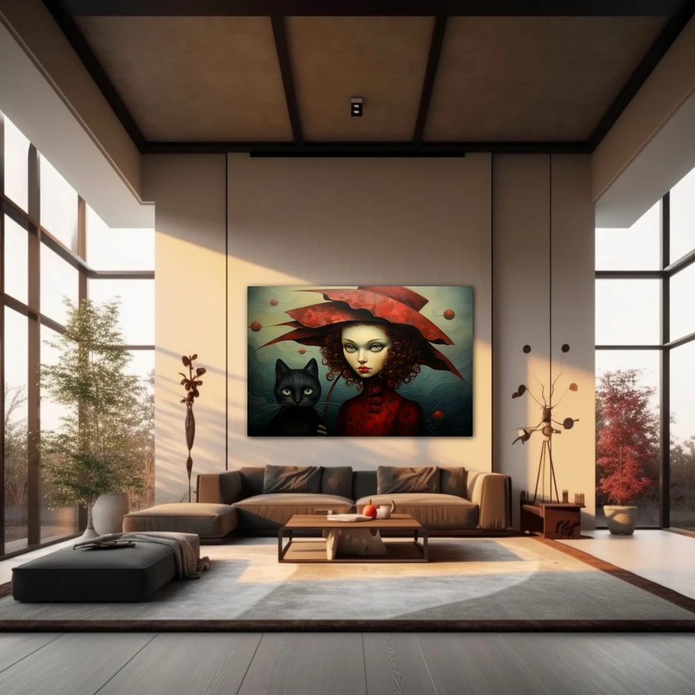 Wall Art titled: The Lady of the Cats in a Horizontal format with: Black, Red, and Green Colors; Decoration the Living Room wall