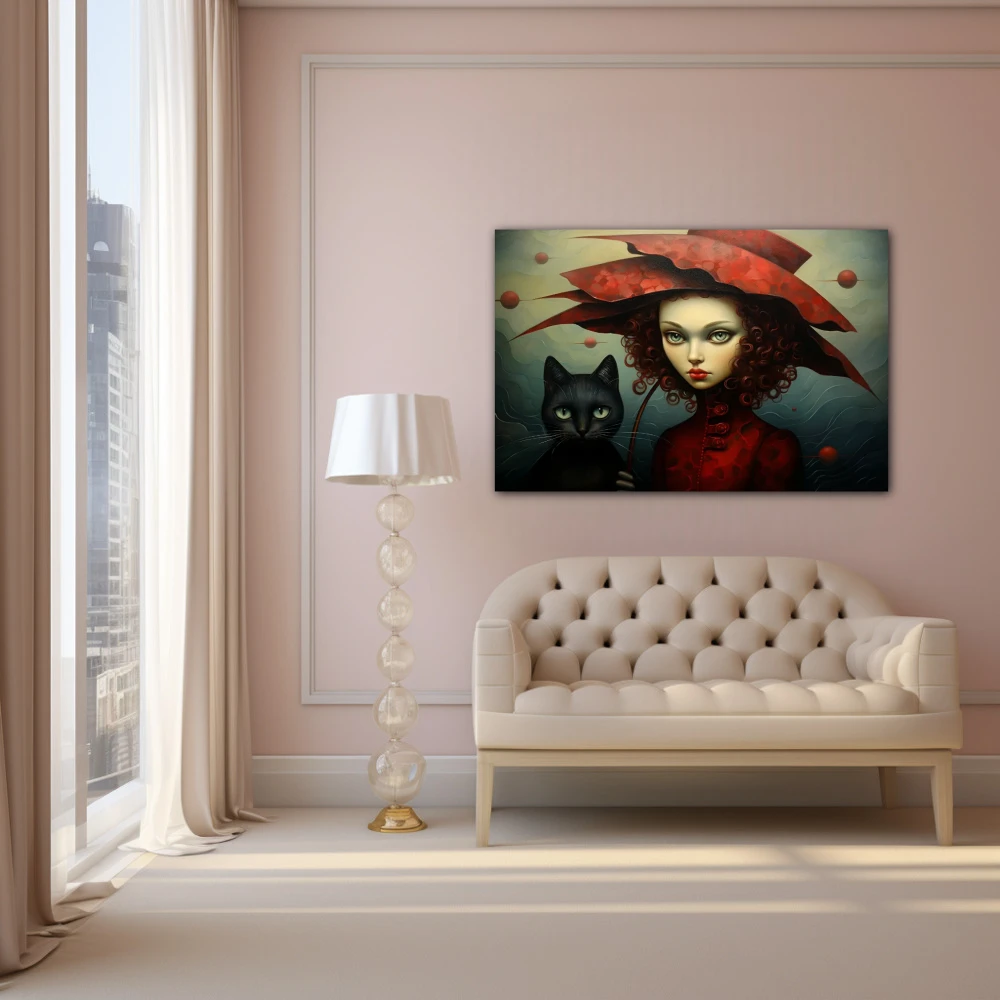 Wall Art titled: The Lady of the Cats in a Horizontal format with: Black, Red, and Green Colors; Decoration the Living Room wall