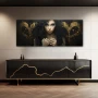 Wall Art titled: The Lady of Thorned Hearts in a Elongated format with: white, Golden, and Black Colors; Decoration the Sideboard wall