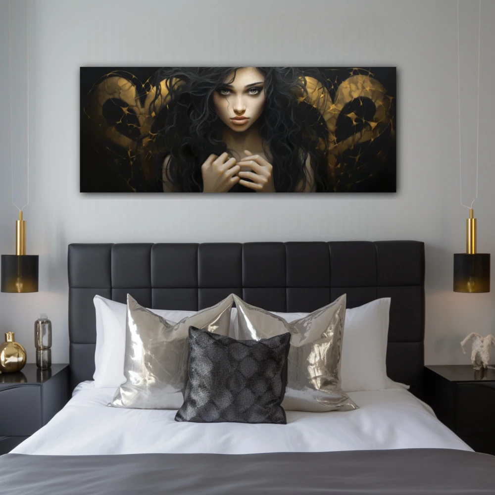 Wall Art titled: The Lady of Thorned Hearts in a Elongated format with: white, Golden, and Black Colors; Decoration the Bedroom wall