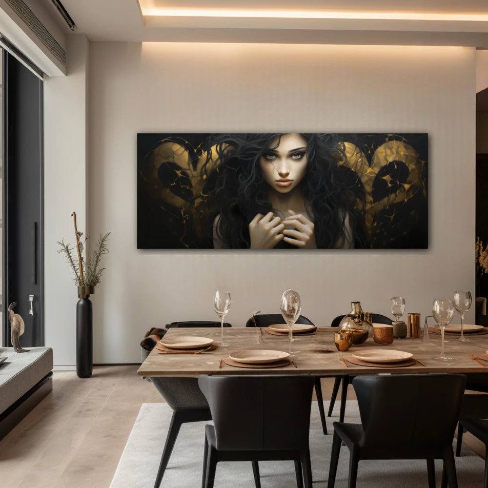 Wall Art titled: The Lady of Thorned Hearts in a Elongated format with: white, Golden, and Black Colors; Decoration the Living Room wall