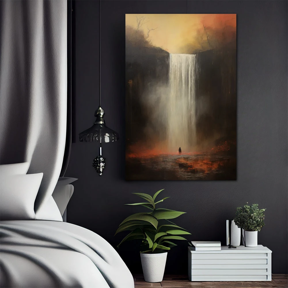 Wall Art titled: The Waterfall in a Vertical format with: Brown, and Beige Colors; Decoration the Bedroom wall