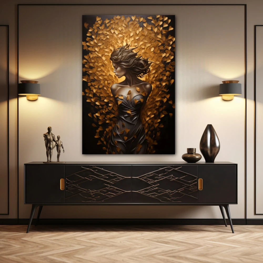 Cuadro venus: la diosa del amor en formato vertical con colores dorado, marrón, negro; decorando pared de aparador
