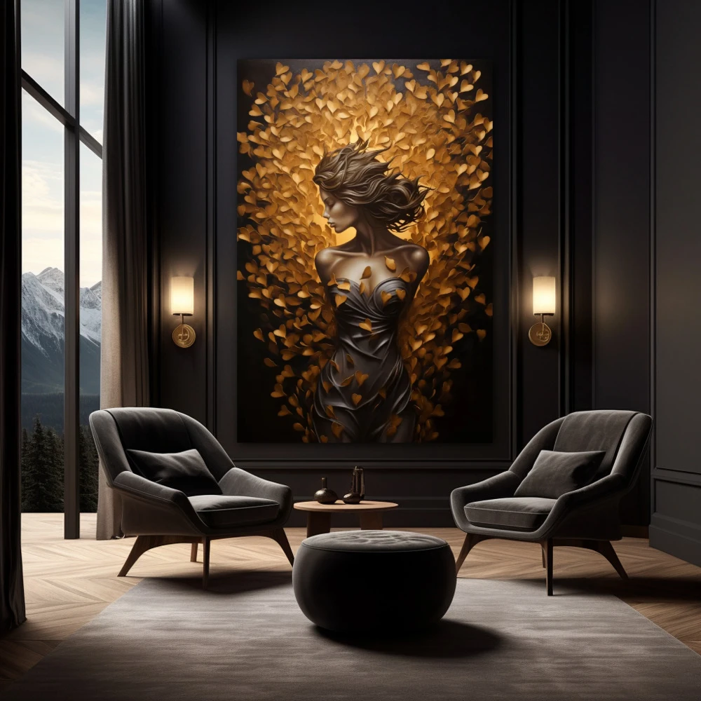 Cuadro venus: la diosa del amor en formato vertical con colores dorado, marrón, negro; decorando pared negra