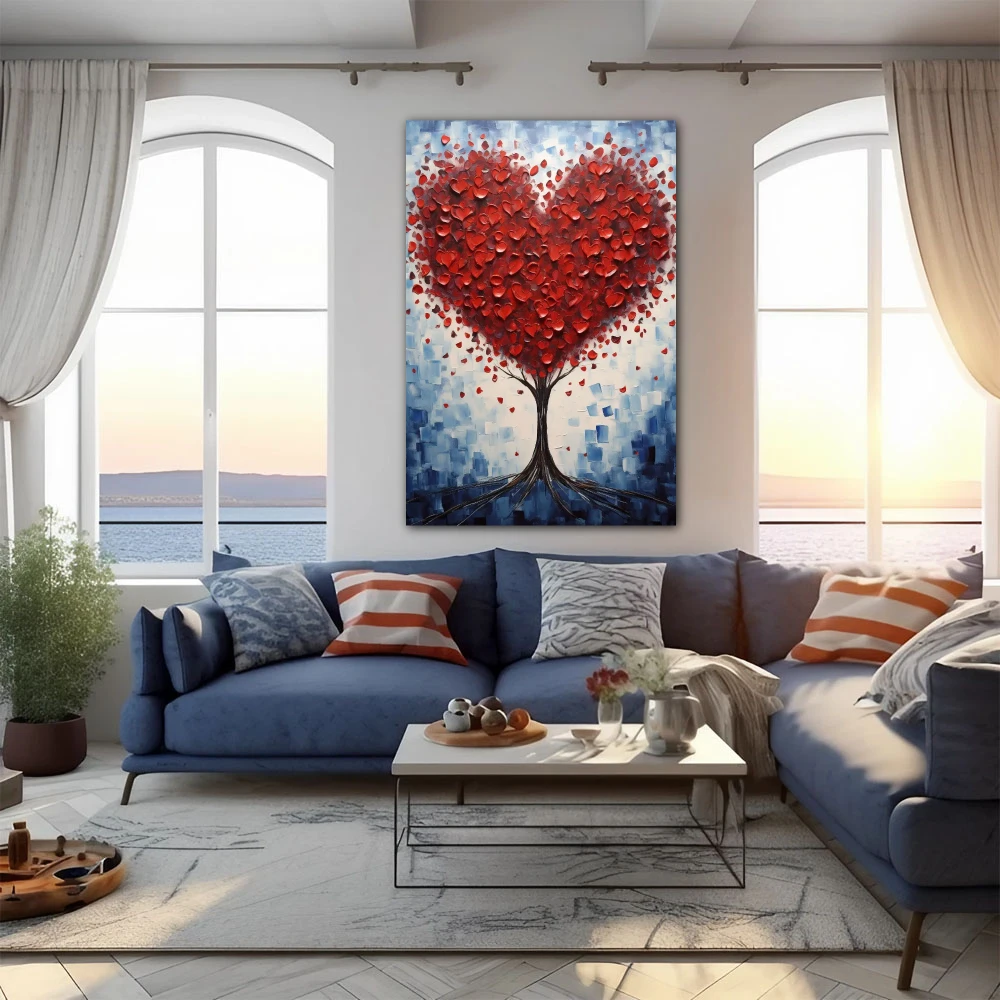 Cuadro fuerza ante la adversidad en formato vertical con colores azul, blanco, rojo; decorando pared de apartamento en la playa