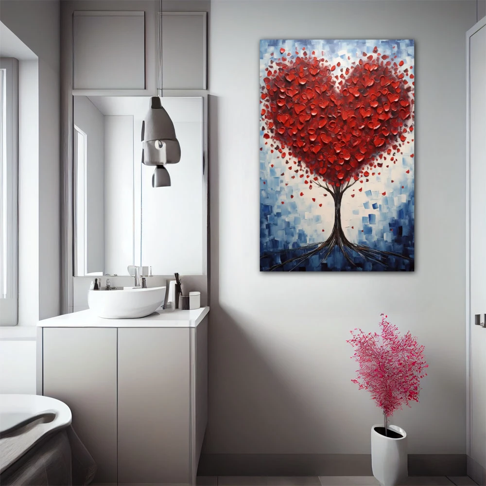 Cuadro fuerza ante la adversidad en formato vertical con colores azul, blanco, rojo; decorando pared de baño