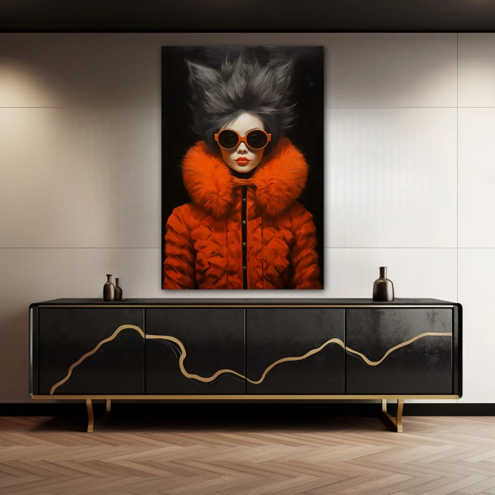 Wall Art titled: Style and Citrus Fashion in a Vertical format with: Orange, and Black Colors; Decoration the Sideboard wall