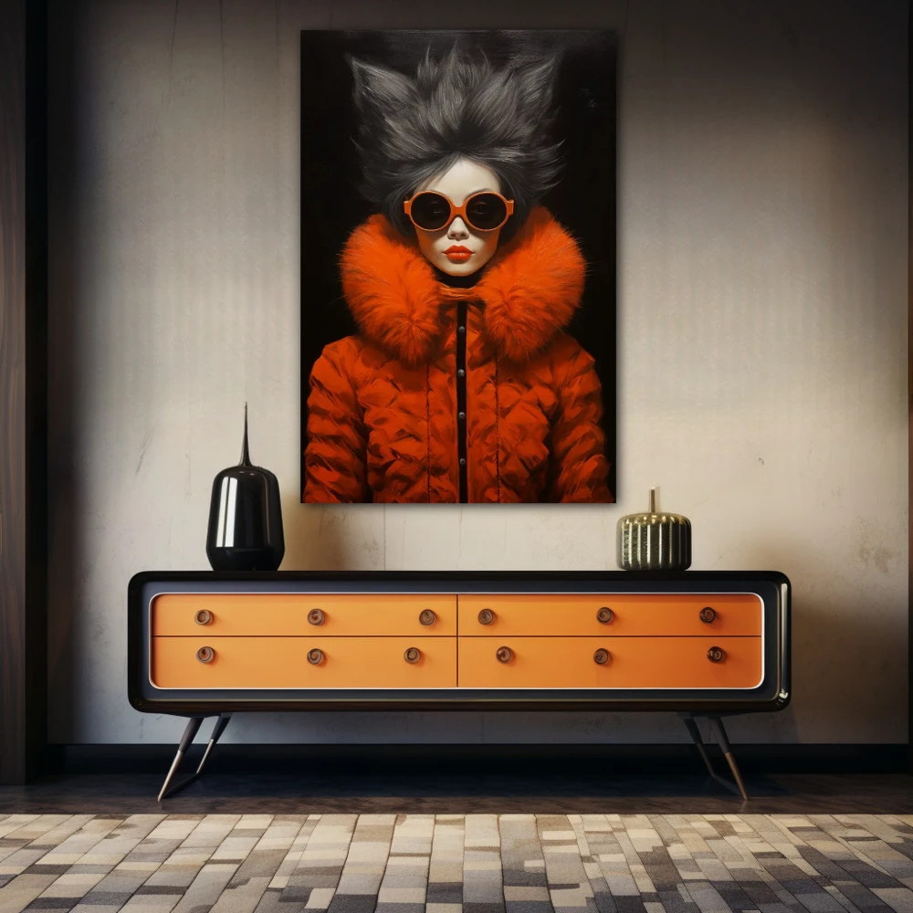 Wall Art titled: Style and Citrus Fashion in a Vertical format with: Orange, and Black Colors; Decoration the Sideboard wall