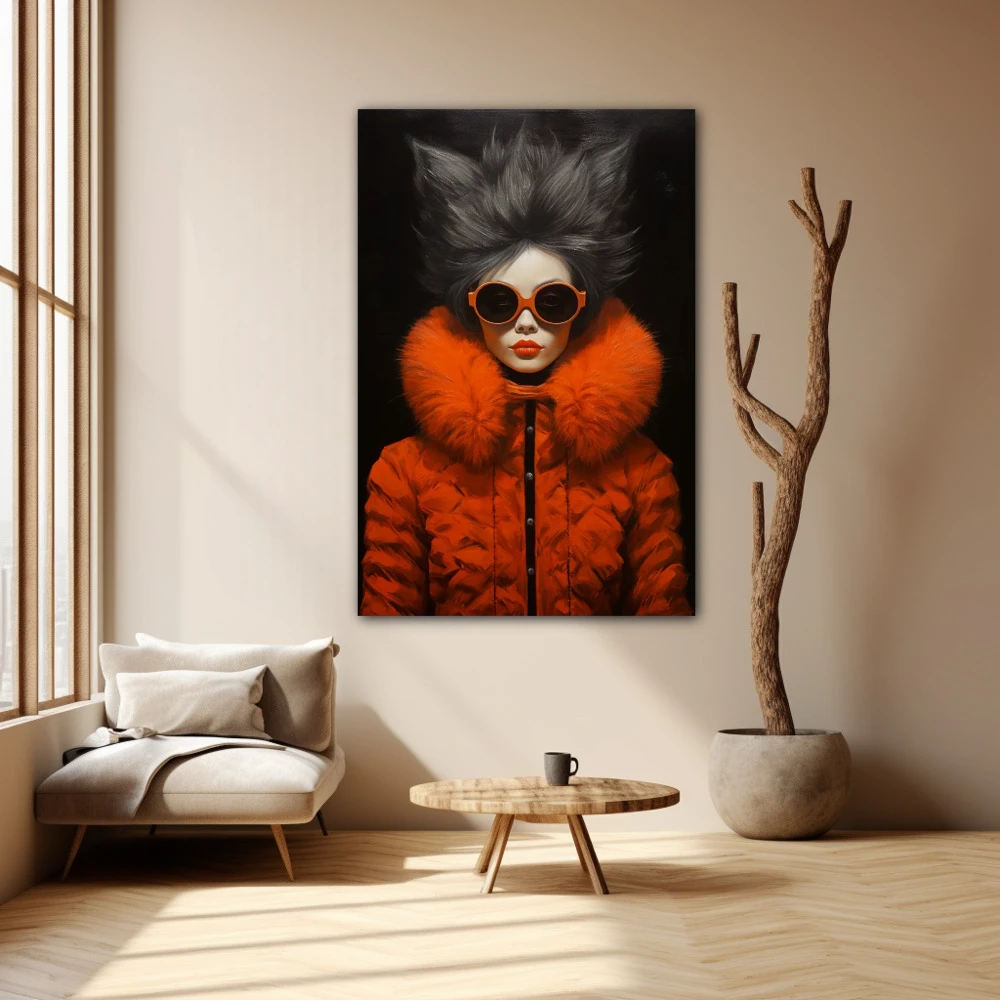 Wall Art titled: Style and Citrus Fashion in a Vertical format with: Orange, and Black Colors; Decoration the Beige Wall wall
