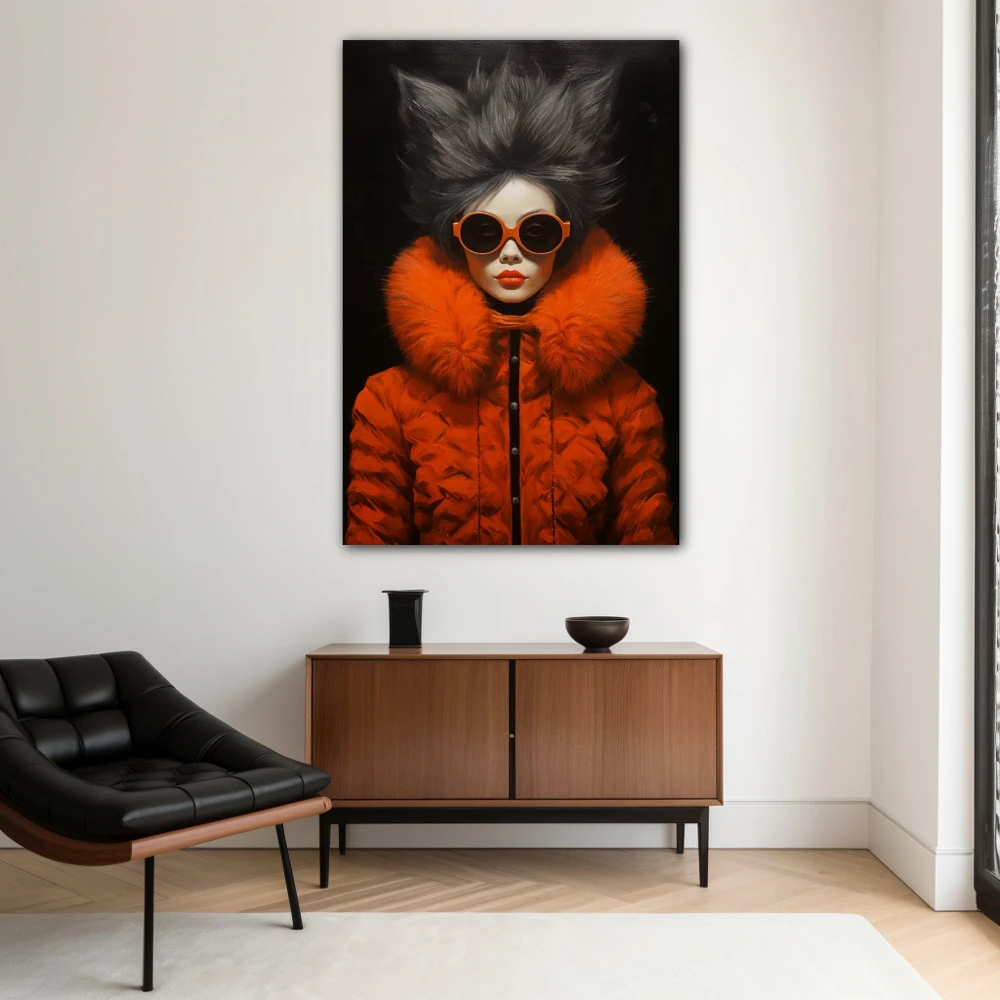 Wall Art titled: Style and Citrus Fashion in a Vertical format with: Orange, and Black Colors; Decoration the White Wall wall