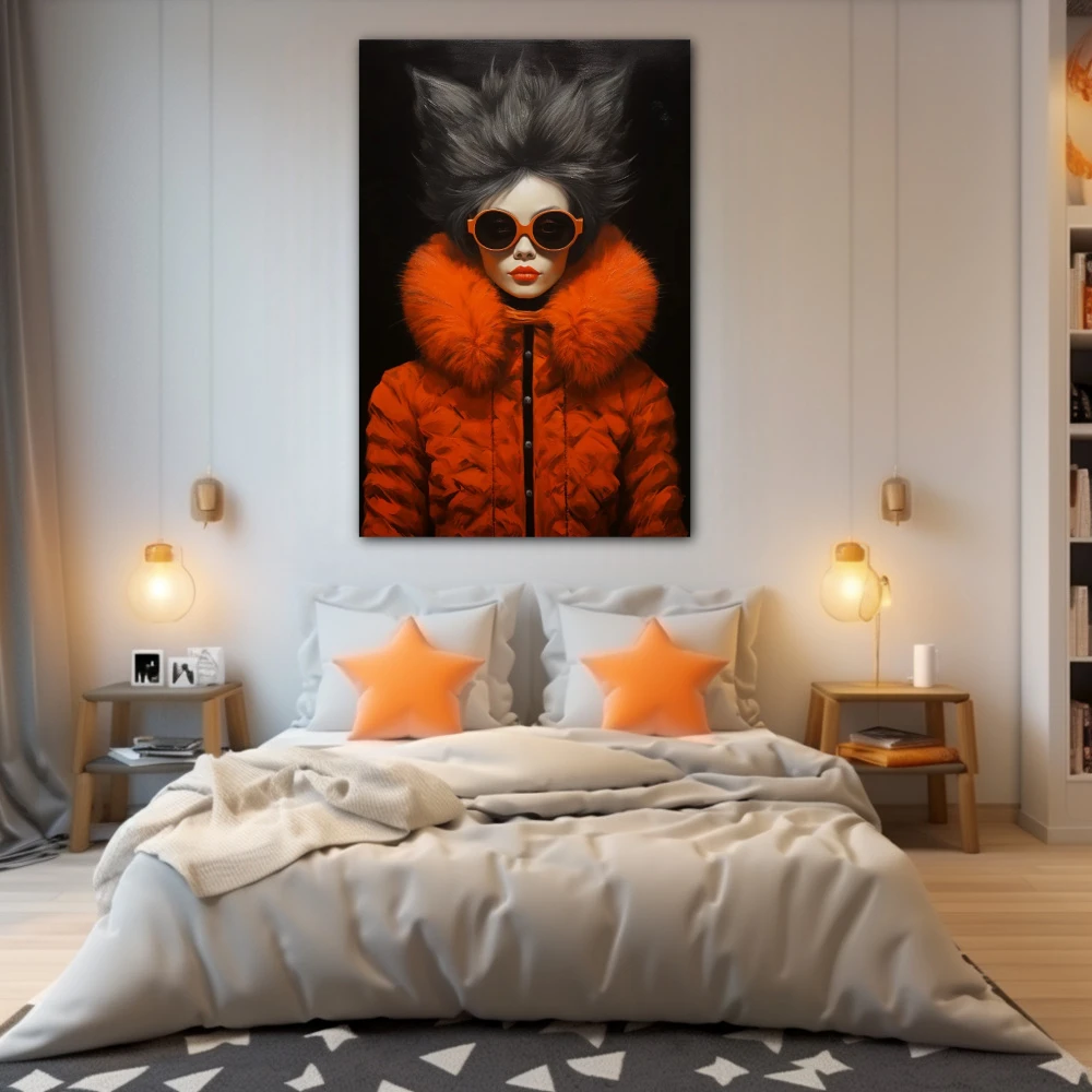 Cuadro estilo y moda citrus en formato vertical con colores naranja, negro; decorando pared de dormitorio juvenil
