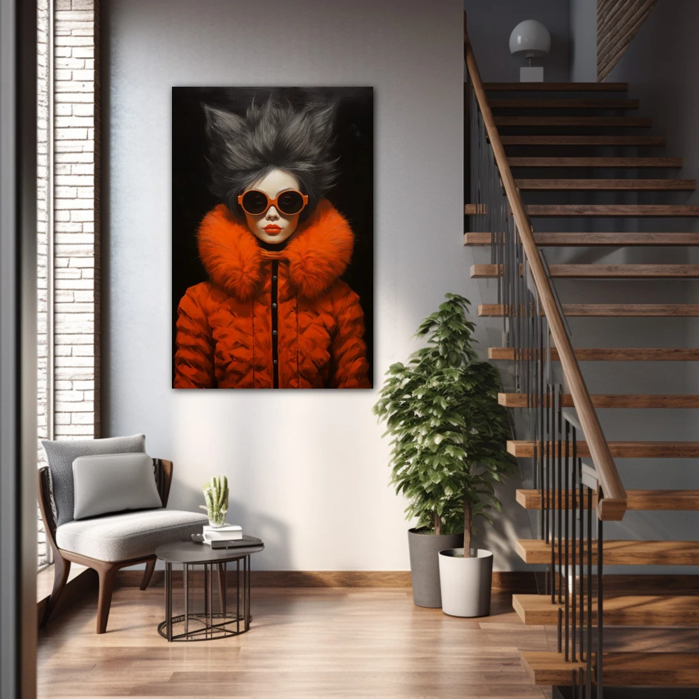 Wall Art titled: Style and Citrus Fashion in a Vertical format with: Orange, and Black Colors; Decoration the Staircase wall