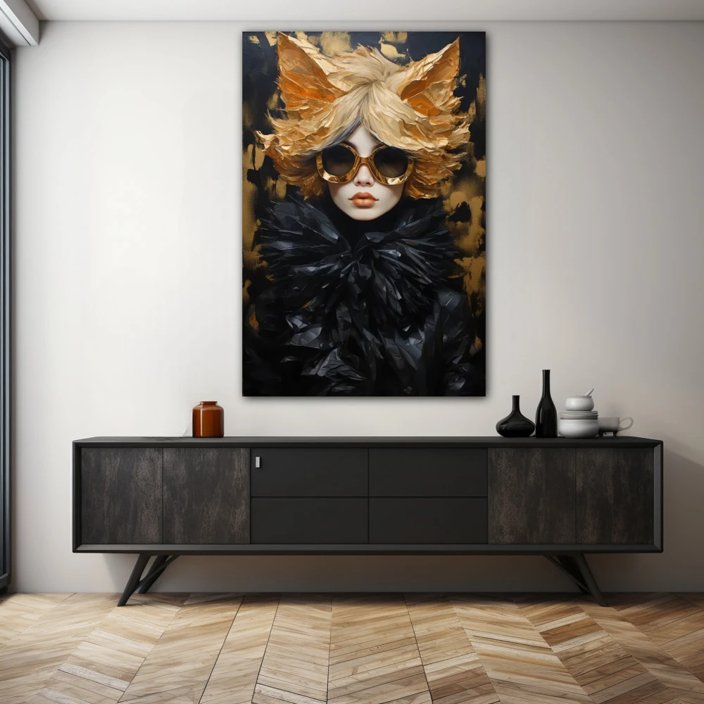 Wall Art titled: Golden Flashes of Style in a Vertical format with: Golden, and Black Colors; Decoration the Sideboard wall