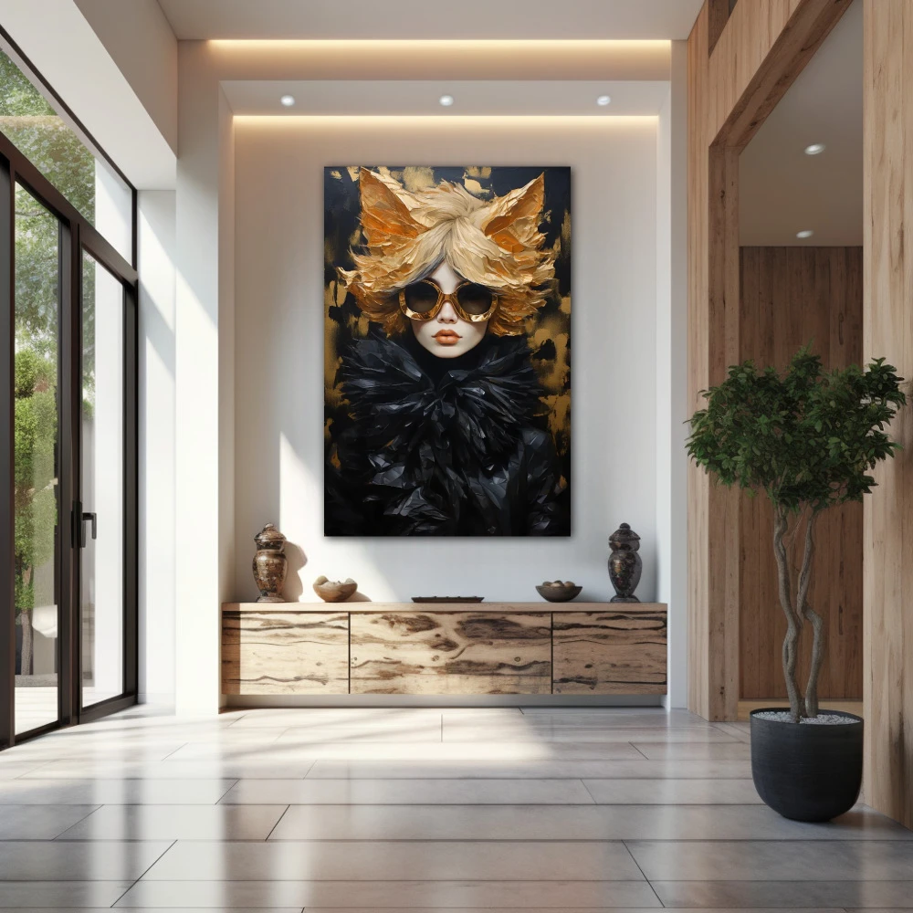 Wall Art titled: Golden Flashes of Style in a Vertical format with: Golden, and Black Colors; Decoration the Entryway wall