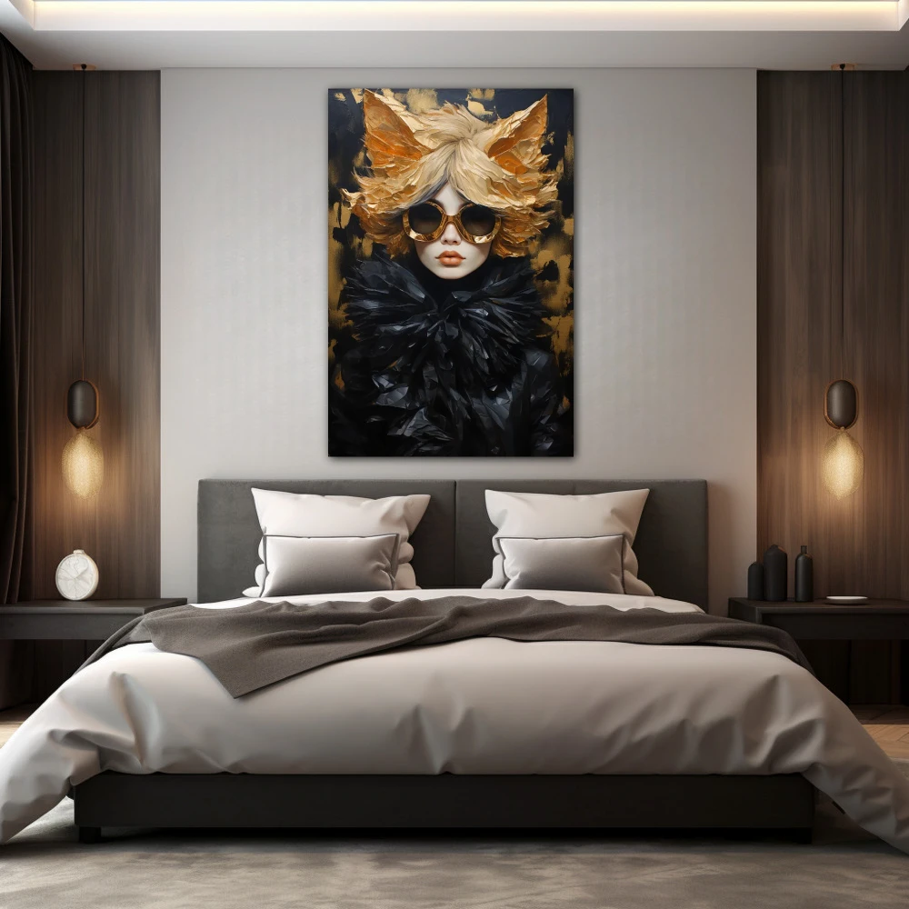 Wall Art titled: Golden Flashes of Style in a Vertical format with: Golden, and Black Colors; Decoration the Bedroom wall
