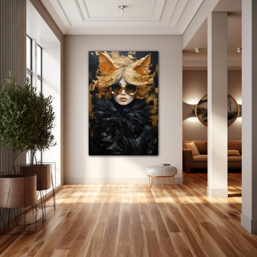 Wall Art titled: Golden Flashes of Style in a Vertical format with: Golden, and Black Colors; Decoration the Hallway wall
