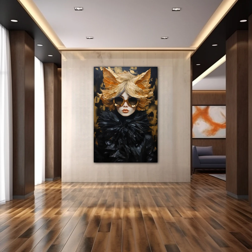 Wall Art titled: Golden Flashes of Style in a Vertical format with: Golden, and Black Colors; Decoration the Hallway wall