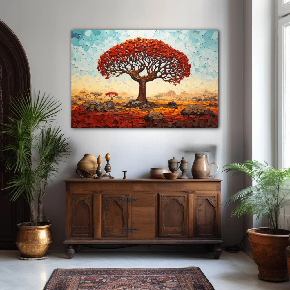 Wall Art titled: Witness of Time in a Horizontal format with: Sky blue, Orange, and Red Colors; Decoration the Sideboard wall