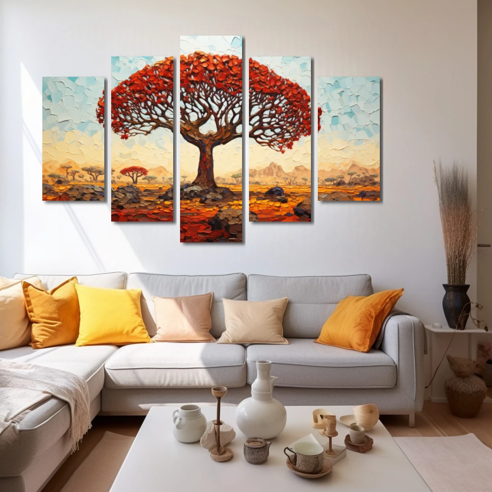 Wall Art titled: Witness of Time in a Horizontal format with: Sky blue, Orange, and Red Colors; Decoration the White Wall wall