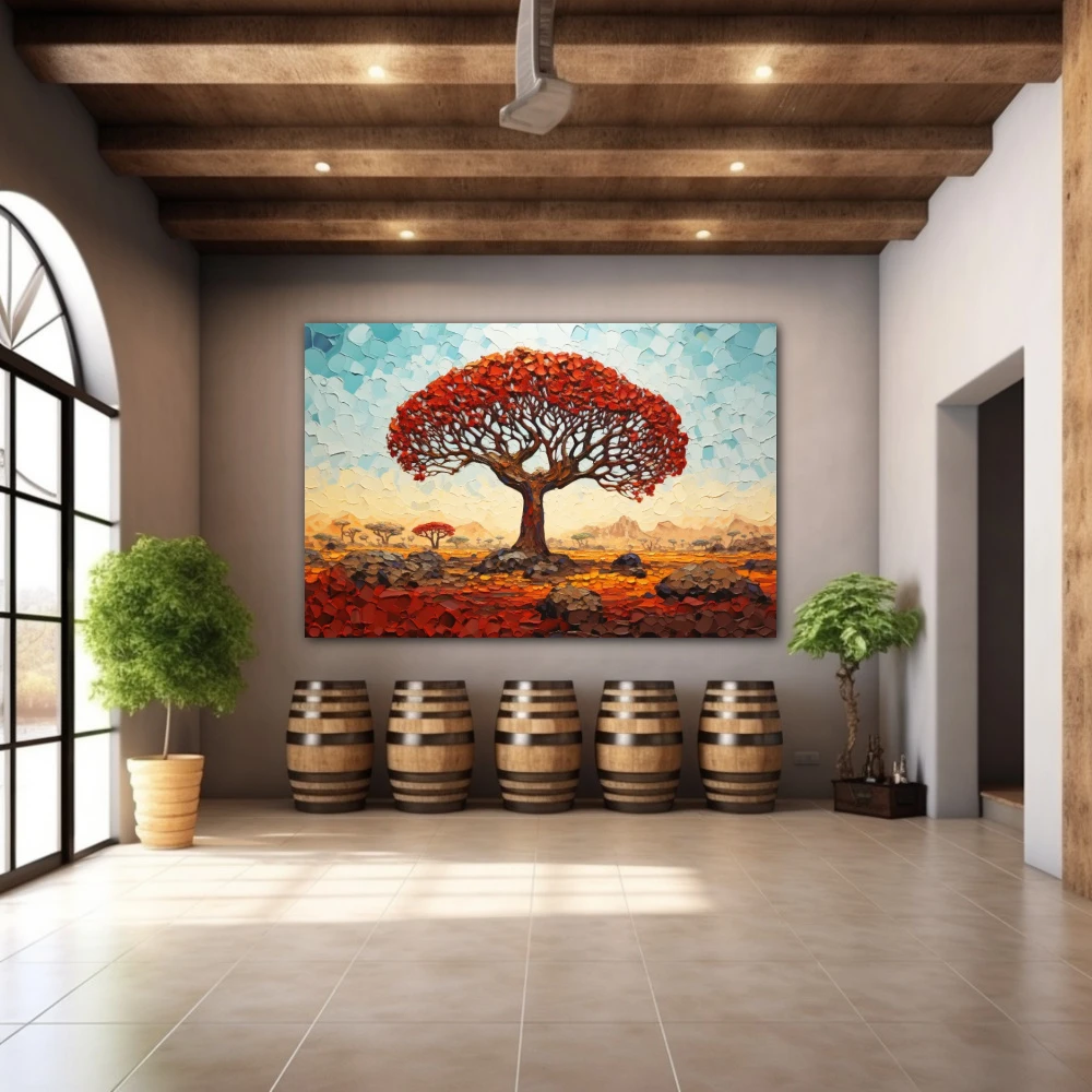Wall Art titled: Witness of Time in a Horizontal format with: Sky blue, Orange, and Red Colors; Decoration the Winery wall