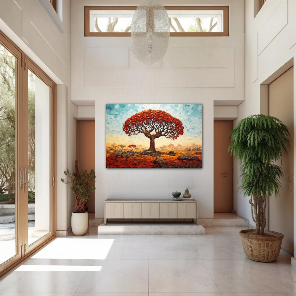 Wall Art titled: Witness of Time in a Horizontal format with: Sky blue, Orange, and Red Colors; Decoration the Entryway wall