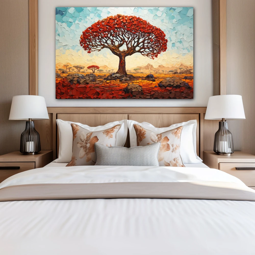 Cuadro testigo del tiempo en formato horizontal con colores celeste, naranja, rojo; decorando pared de habitación dormitorio