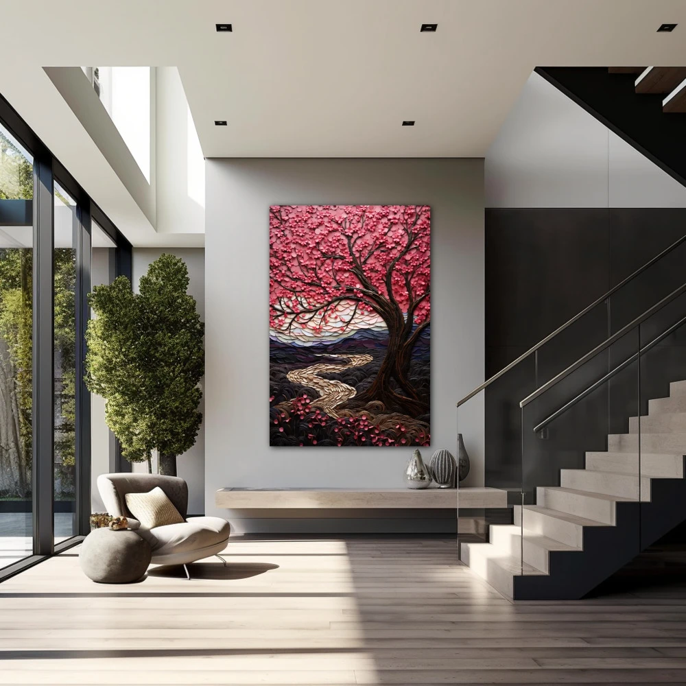 Wall Art titled: Spring in Bloom in a Vertical format with: Purple, Pink, and Pastel Colors; Decoration the Staircase wall