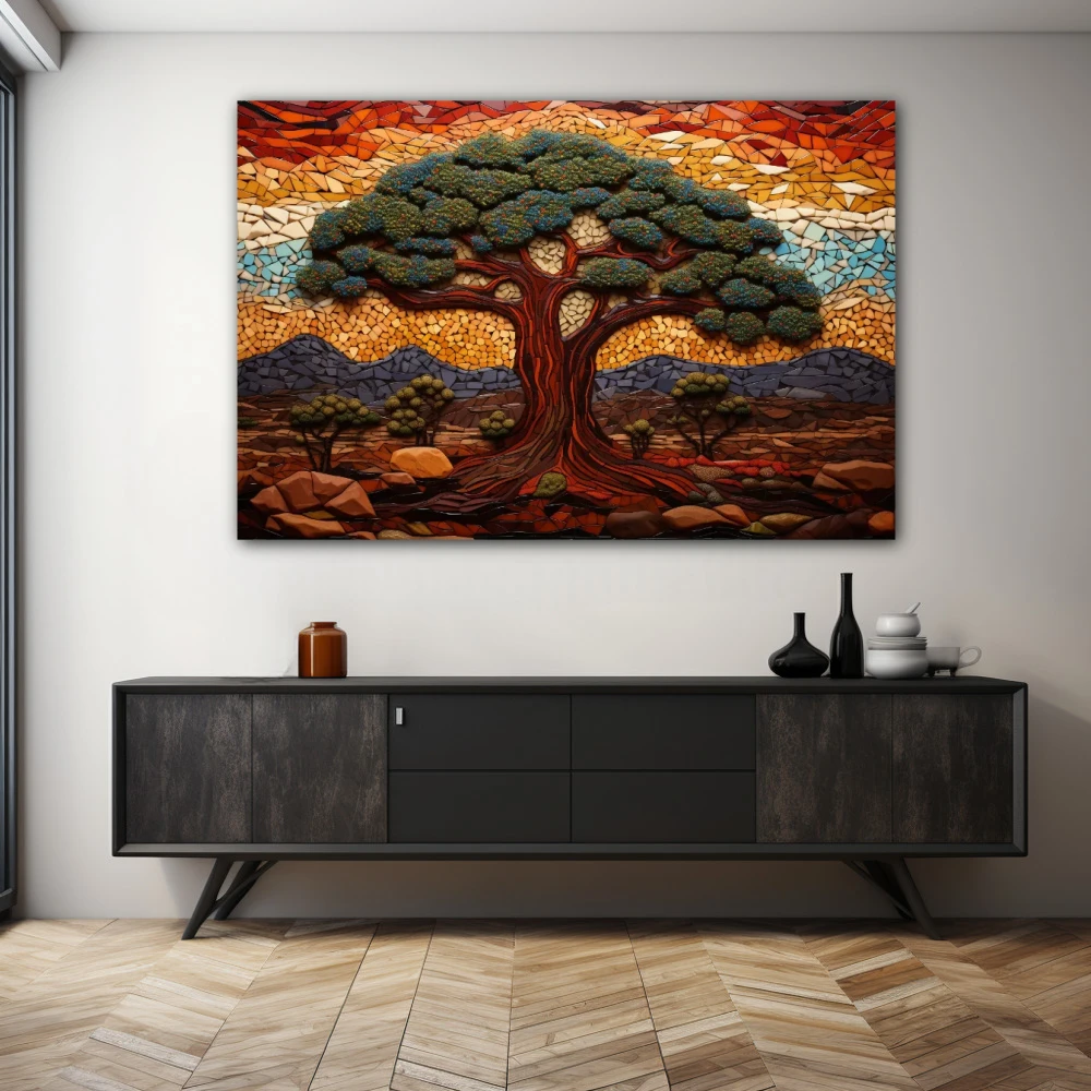 Wall Art titled: Sentinels of Eternal Nature in a Horizontal format with: Brown, Purple, and Green Colors; Decoration the Sideboard wall