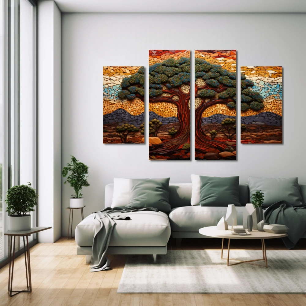 Wall Art titled: Sentinels of Eternal Nature in a Horizontal format with: Brown, Purple, and Green Colors; Decoration the White Wall wall