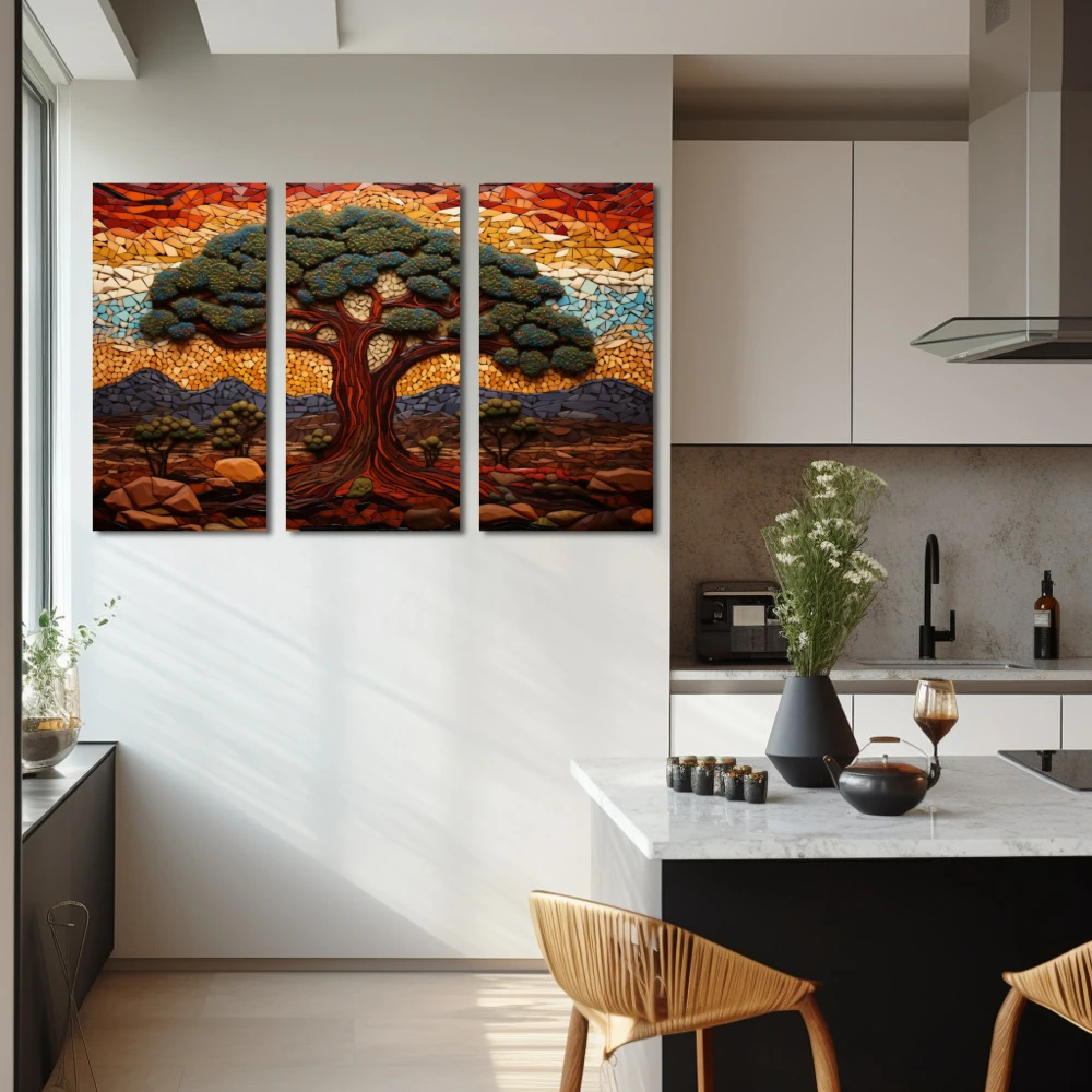 Wall Art titled: Sentinels of Eternal Nature in a Horizontal format with: Brown, Purple, and Green Colors; Decoration the Kitchen wall