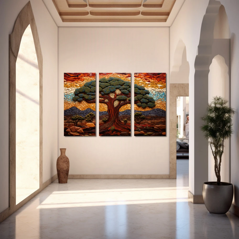 Wall Art titled: Sentinels of Eternal Nature in a Horizontal format with: Brown, Purple, and Green Colors; Decoration the Entryway wall