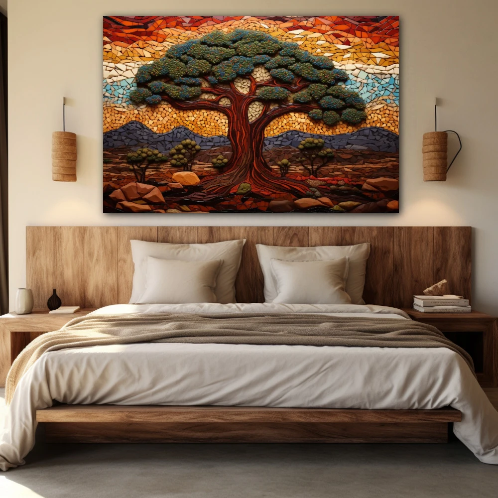 Wall Art titled: Sentinels of Eternal Nature in a Horizontal format with: Brown, Purple, and Green Colors; Decoration the Bedroom wall
