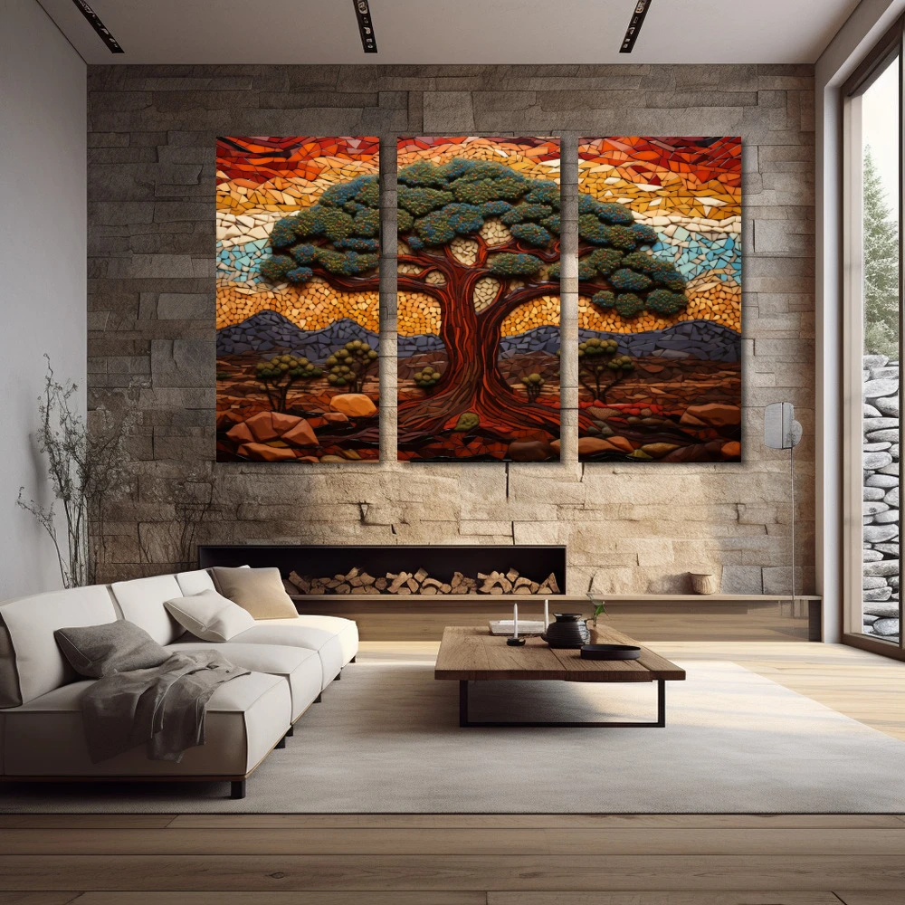 Wall Art titled: Sentinels of Eternal Nature in a Horizontal format with: Brown, Purple, and Green Colors; Decoration the Stone Walls wall