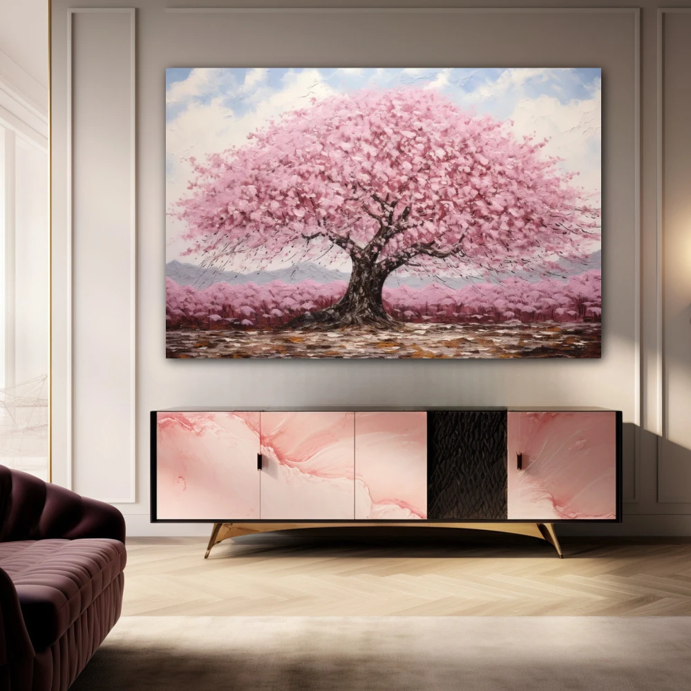Cuadro belleza cromática milenaria en formato horizontal con colores marrón, rosa, pastel; decorando pared de aparador