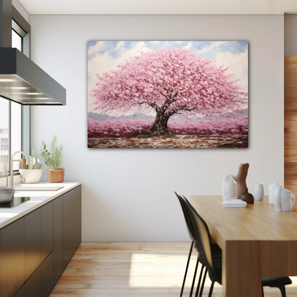 Cuadro belleza cromática milenaria en formato horizontal con colores marrón, rosa, pastel; decorando pared de cocina
