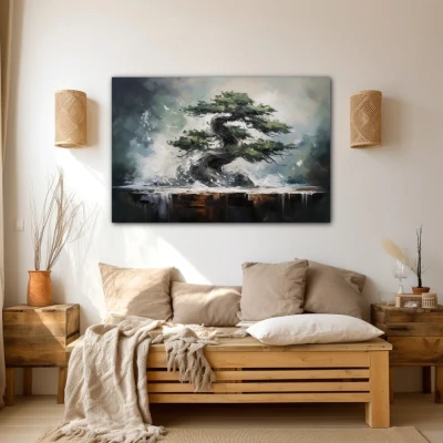 Wall Art titled: Symbol of Eternity in a  format with: Grey, and Green Colors; Decoration the Beige Wall wall