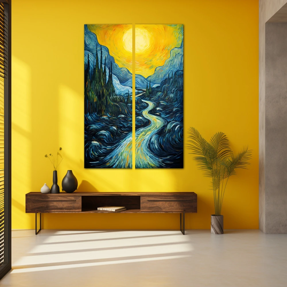 Cuadro la cascada v2 en formato díptico con colores amarillo, azul; decorando pared amarilla