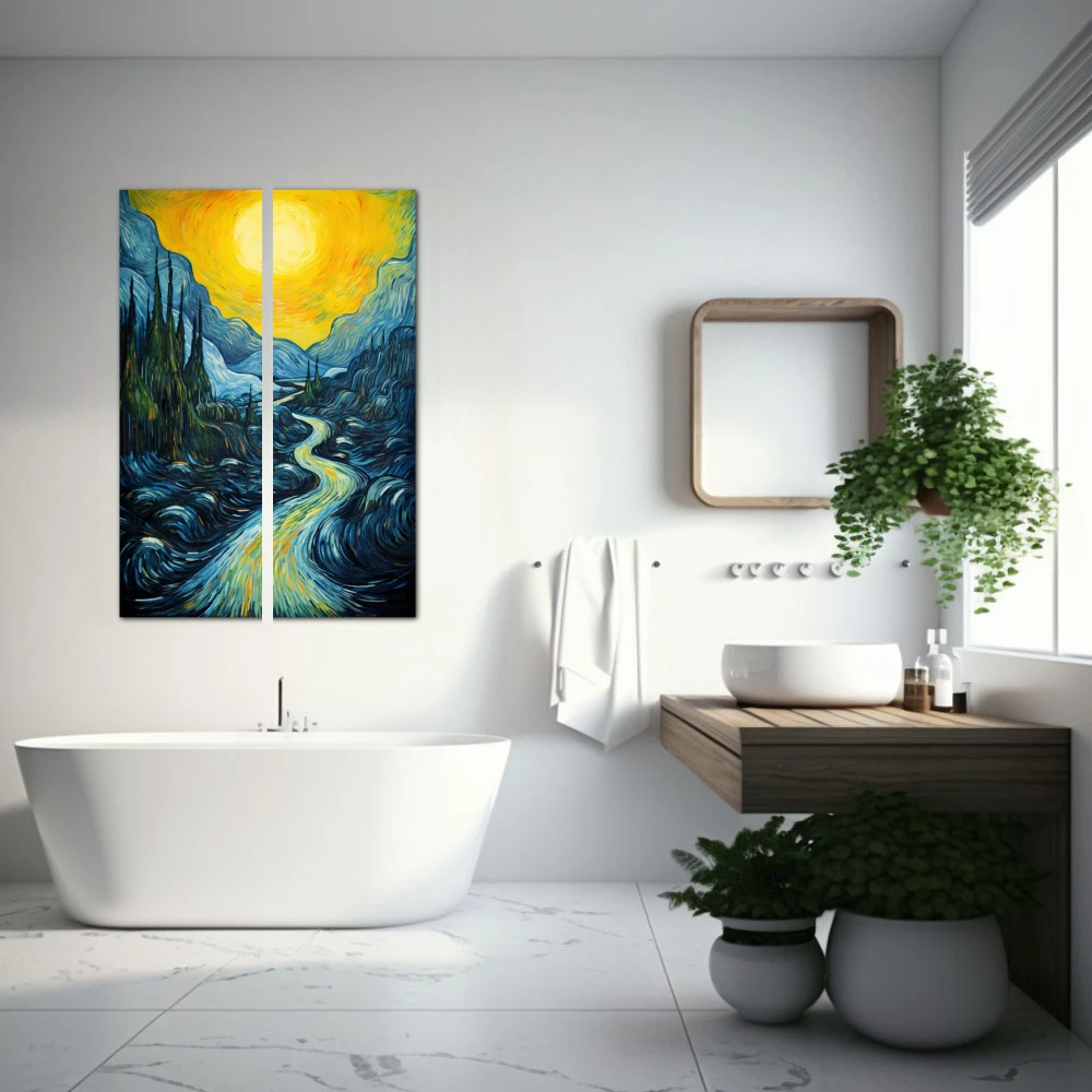 Cuadro la cascada v2 en formato díptico con colores amarillo, azul; decorando pared de baño