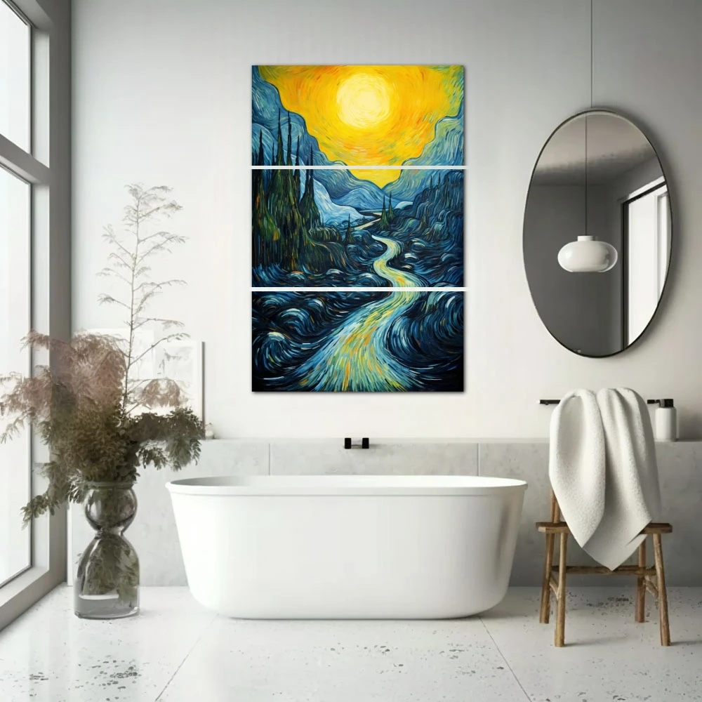 Cuadro la cascada v2 en formato tríptico con colores amarillo, azul; decorando pared de baño