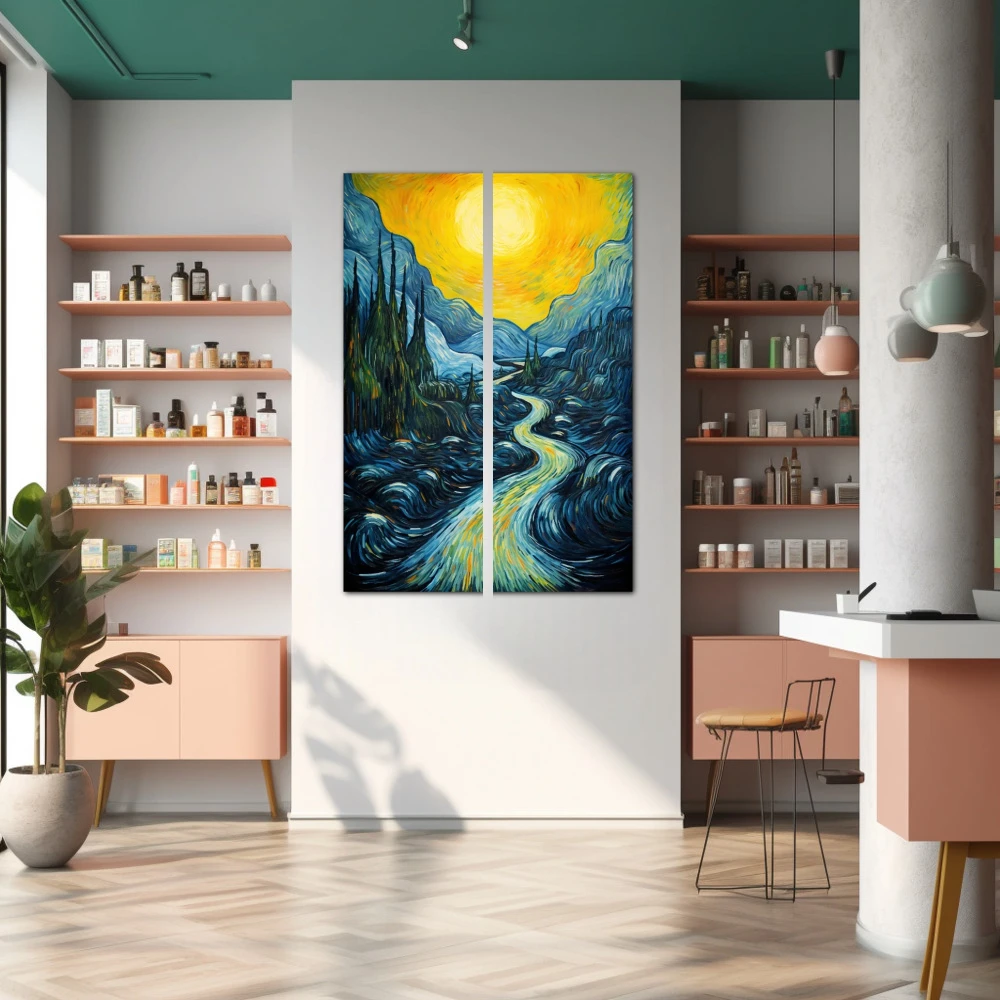 Wall Art titled: The Waterfall v2 in a Vertical format with: Yellow, and Blue Colors; Decoration the Pharmacy wall