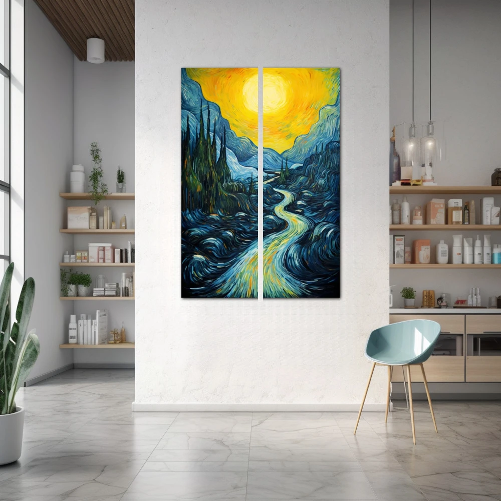 Wall Art titled: The Waterfall v2 in a Vertical format with: Yellow, and Blue Colors; Decoration the Pharmacy wall