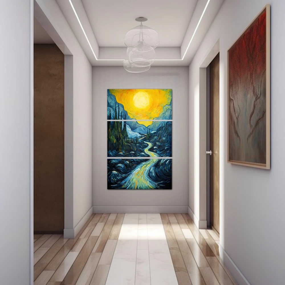 Cuadro la cascada v2 en formato tríptico con colores amarillo, azul; decorando pared de pasillo