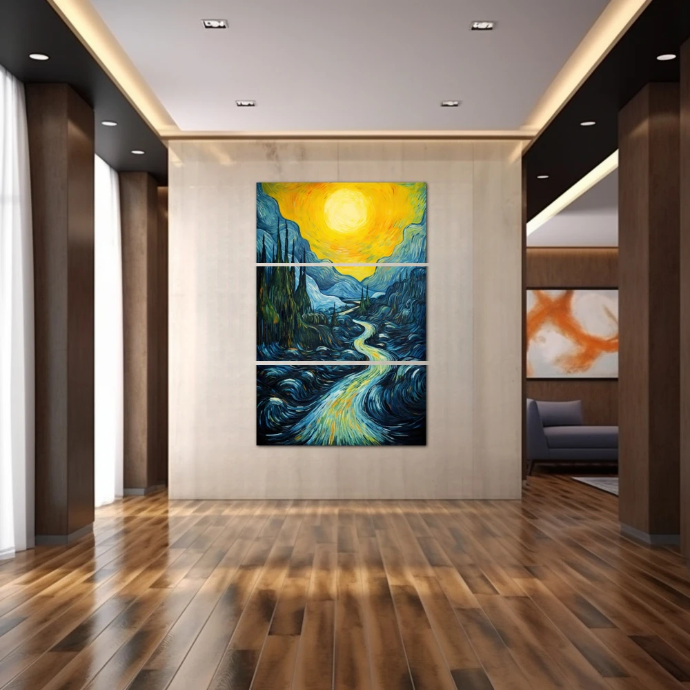 Wall Art titled: The Waterfall v2 in a Vertical format with: Yellow, and Blue Colors; Decoration the Hallway wall