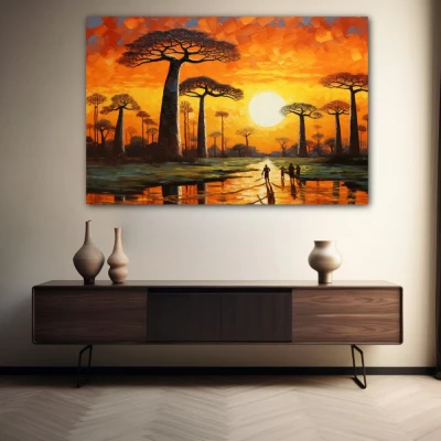 Cuadro La avenida de los Baobabs en formato horizontal con colores Amarillo, Marrón, Naranja; Decorando pared de Aparador