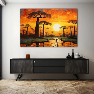 Wall Art titled: The Avenue of the Baobabs in a  format with: Yellow, Brown, and Orange Colors; Decoration the Sideboard wall