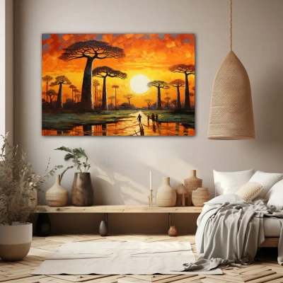 Wall Art titled: The Avenue of the Baobabs in a  format with: Yellow, Brown, and Orange Colors; Decoration the Beige Wall wall