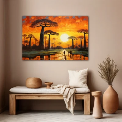 Wall Art titled: The Avenue of the Baobabs in a  format with: Yellow, Brown, and Orange Colors; Decoration the Beige Wall wall