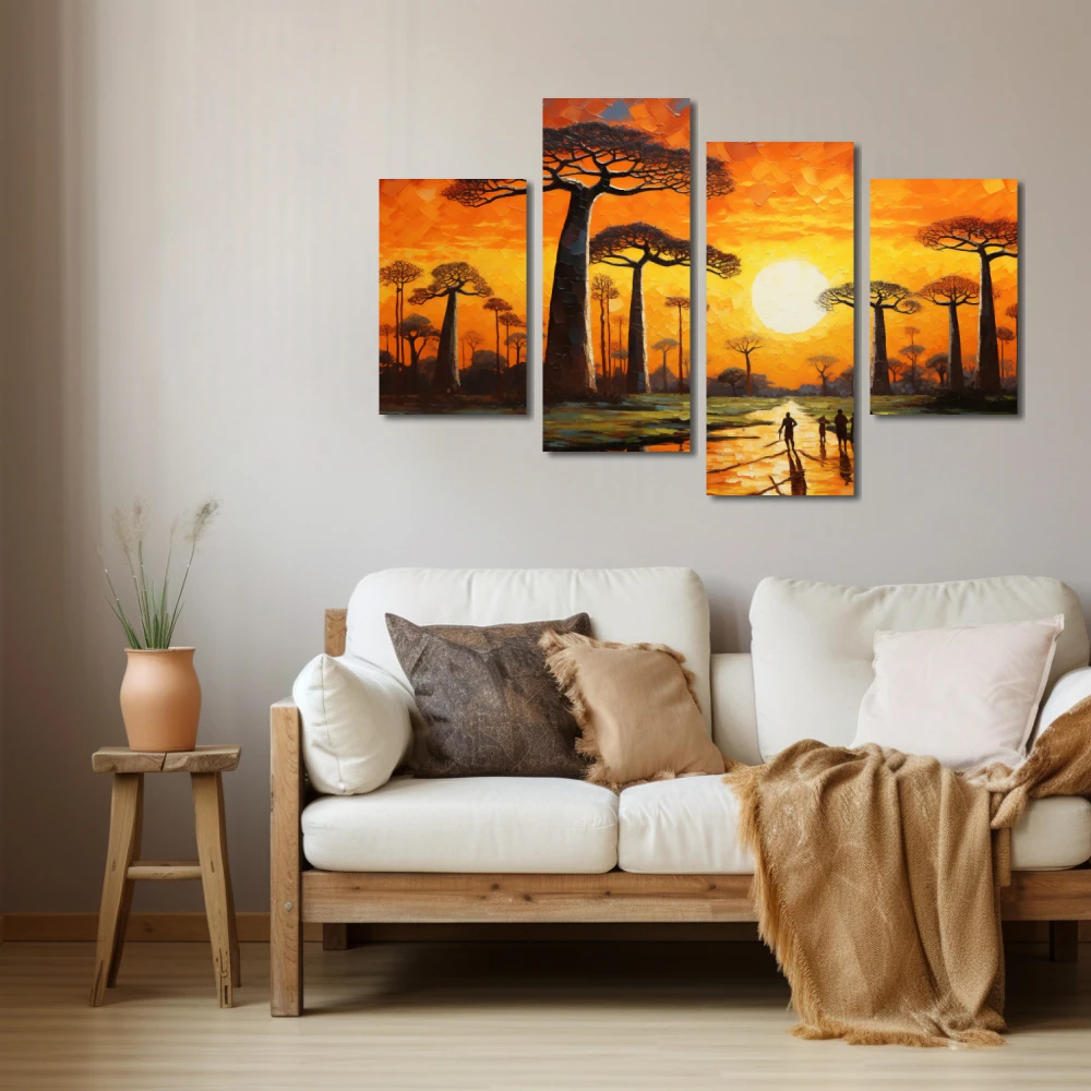 Wall Art titled: The Avenue of the Baobabs in a Horizontal format with: Yellow, Brown, and Orange Colors; Decoration the Beige Wall wall